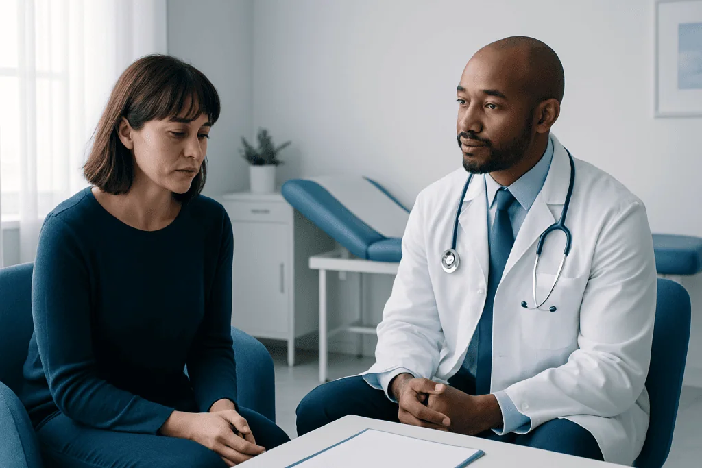 Doctor consulting with a female patient in a medical office.