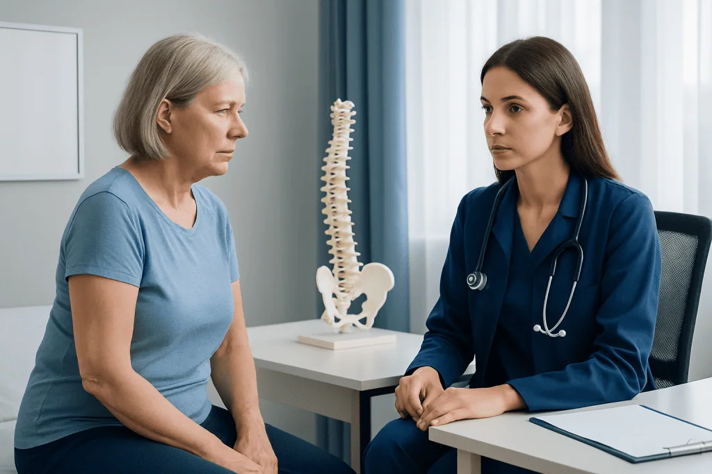 Doctor consulting with elderly woman about spinal health in clinic.