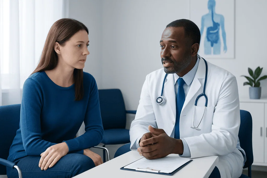 Doctor consulting with a female patient in a medical office.