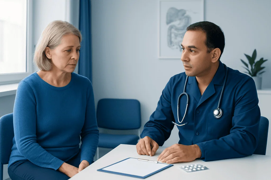 Doctor consulting with an older female patient in a medical office.