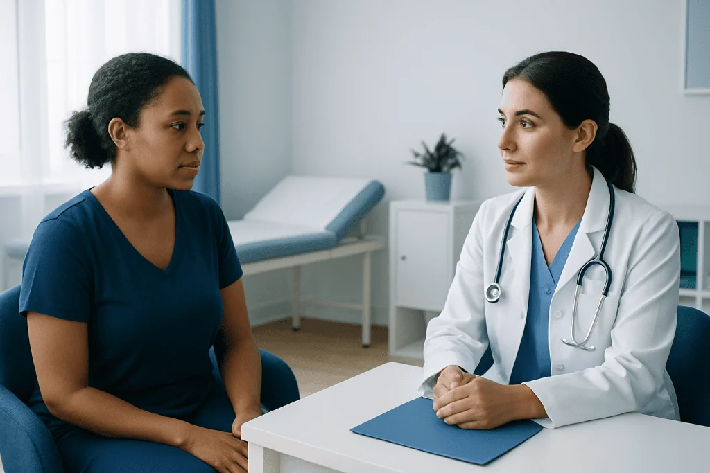 Doctor consulting with a patient in a medical office setting.