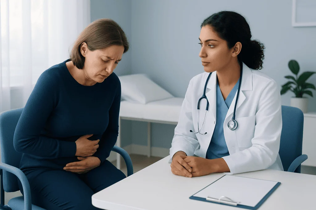 Doctor consulting with a patient experiencing abdominal pain.