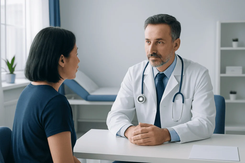 Doctor consulting with a female patient in a medical office setting.