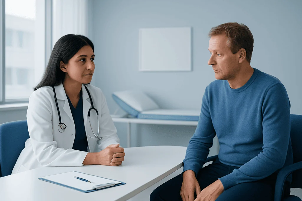 Doctor consulting with a male patient in a modern hospital room.