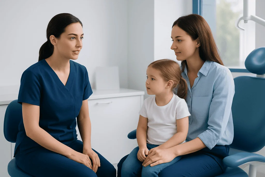 Pediatric dental consultation with a young girl and her mother at a clinic.