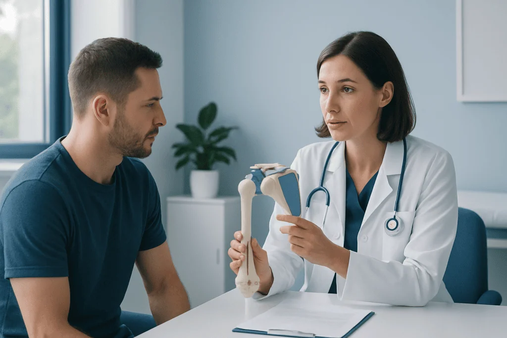 Doctor explaining shoulder anatomy with model to patient in clinic.