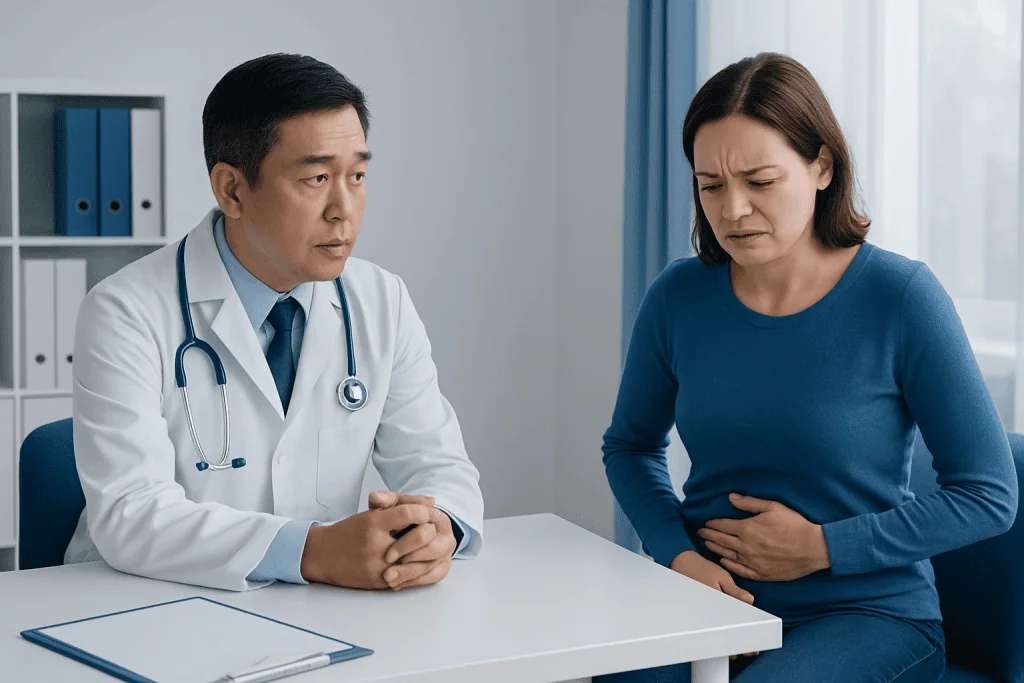Doctor consulting a woman with stomach pain in a medical office.