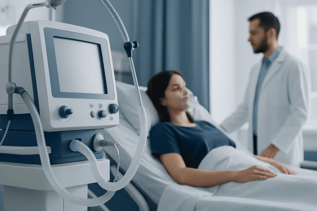 Patient in hospital bed connected to medical ventilator and monitoring equipment.
