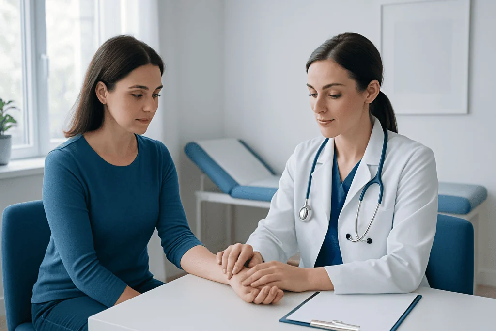 Doctor examining patient's wrist in a medical consultation room.