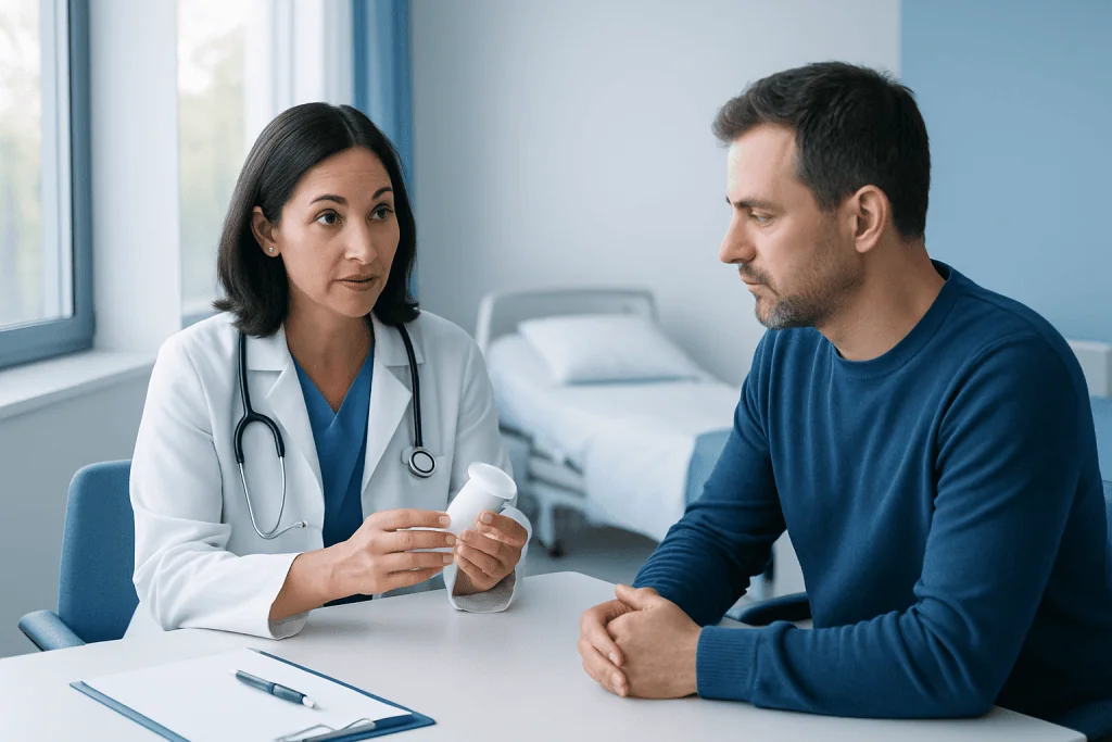 Doctor explaining sleep medication to patient in a hospital room.