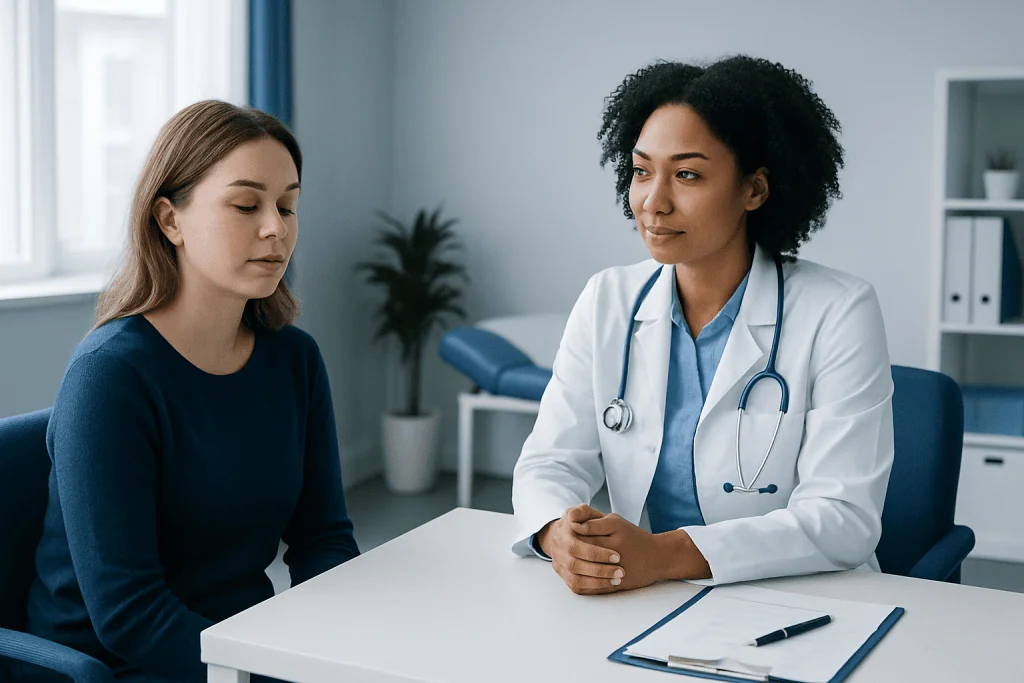 Doctor consulting with a patient in a modern medical office.