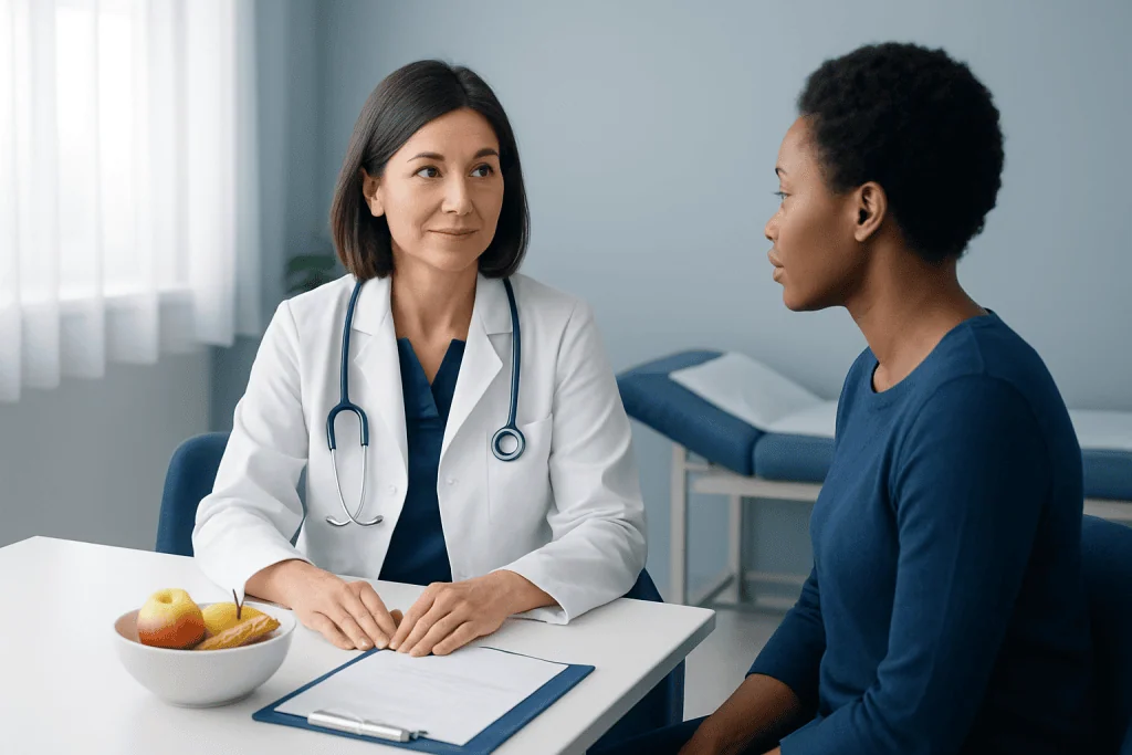 Doctor consulting a patient in a medical office with a bowl of fruit on the table.