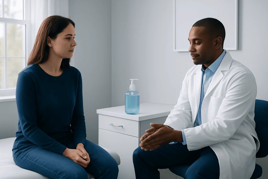 Doctor talking to patient about hand hygiene and infection prevention.