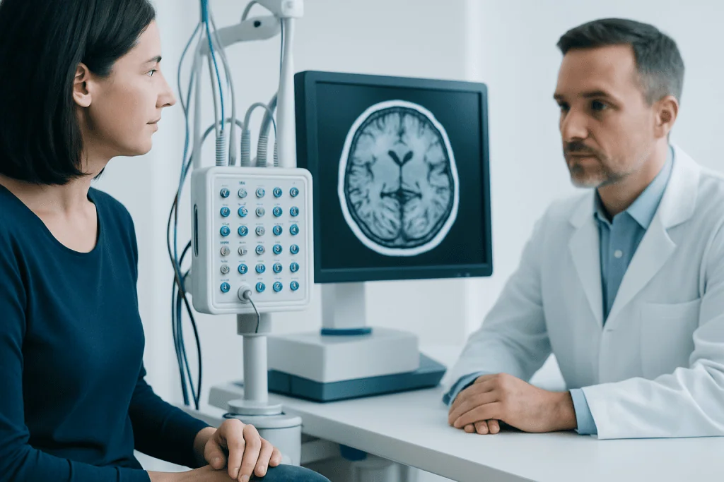 Patient and doctor discussing brain scan in a medical consultation room.