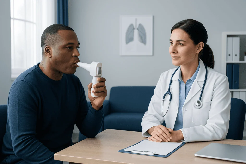 Patient undergoing spirometry test with healthcare professional in clinic.
