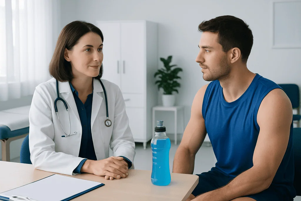 Doctor consulting with a young male patient in a medical office.