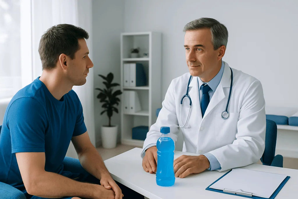 Doctor consulting with a young male patient in a modern clinic setting.