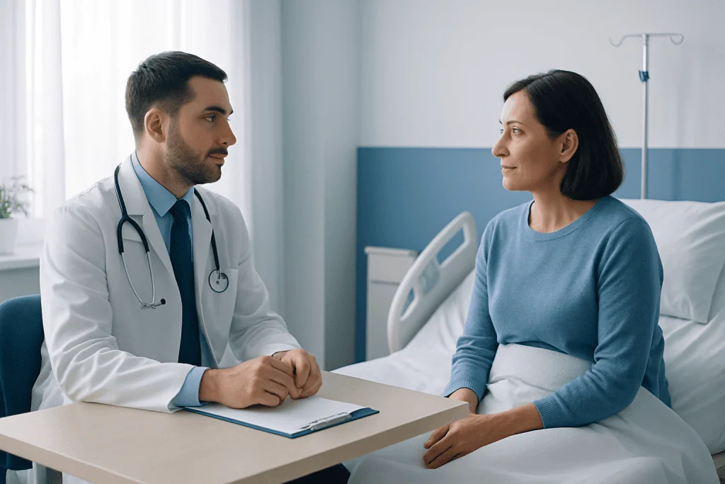 Doctor consulting with a female patient in a hospital room.