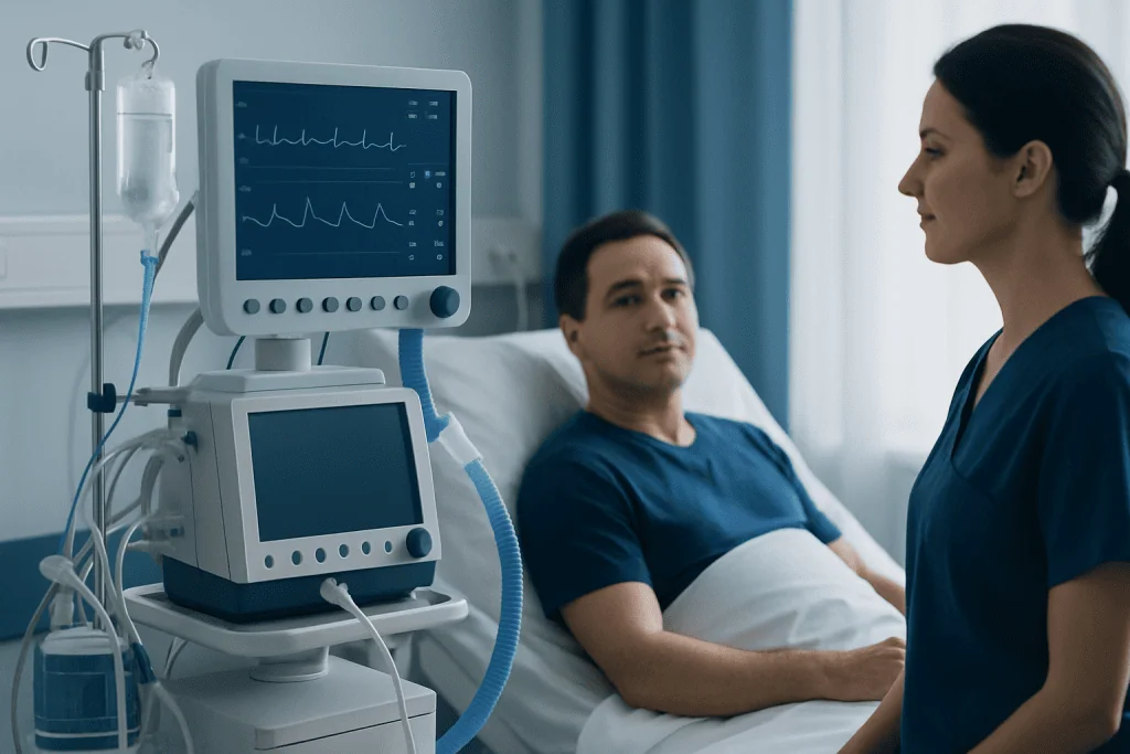 Patient in hospital bed with medical monitor and nurse in a clinical setting.