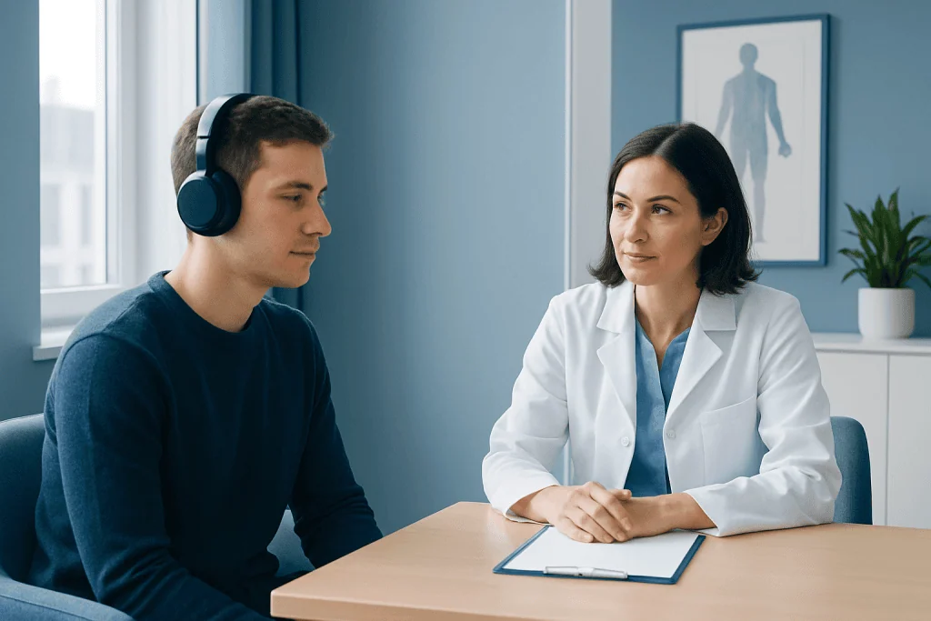 Patient wearing headphones during a medical consultation at Acibadem Hospital.