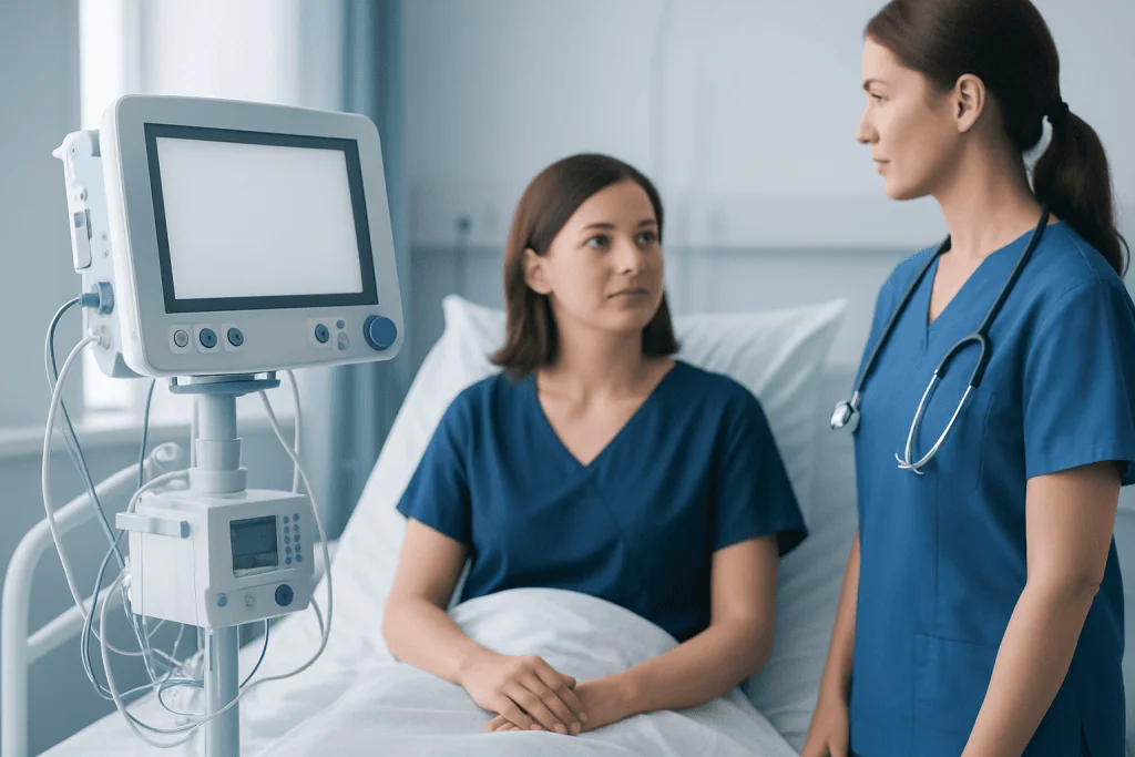 Medical professionals discussing patient care in hospital room with monitoring equipment.
