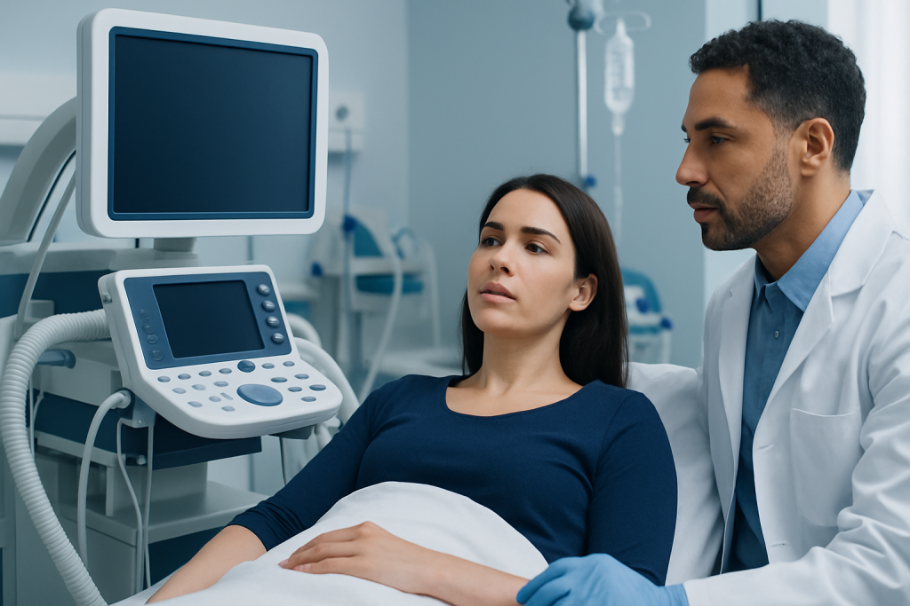 Doctor consulting with patient in hospital room with medical equipment.