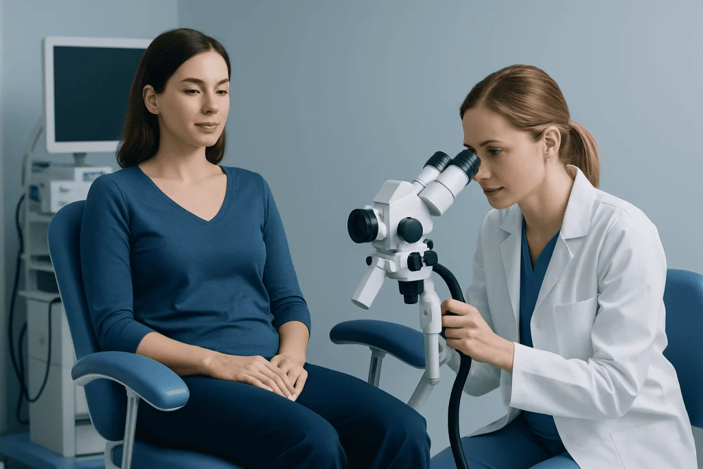 Gynecologist examining patient with microscope in a medical clinic.