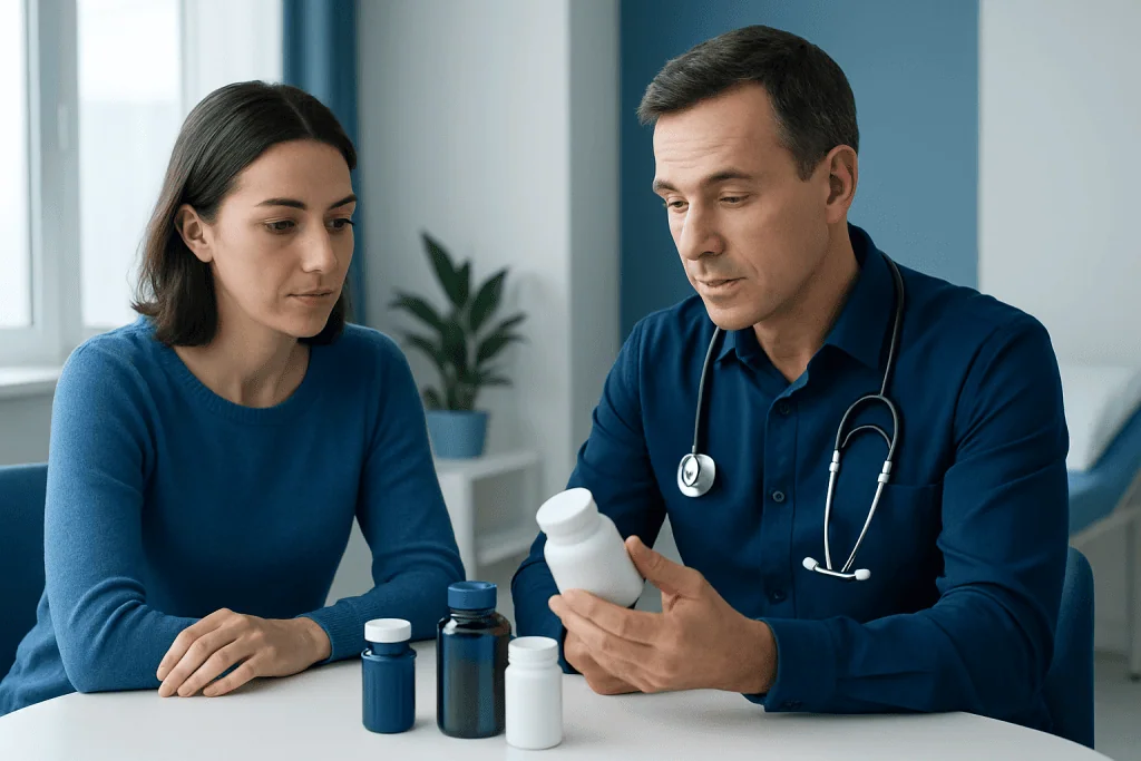Doctor explaining supplement bottles to a woman patient in a clinic setting.