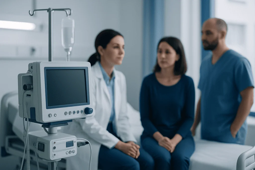 Medical team consulting with patient in hospital room with monitoring equipment.