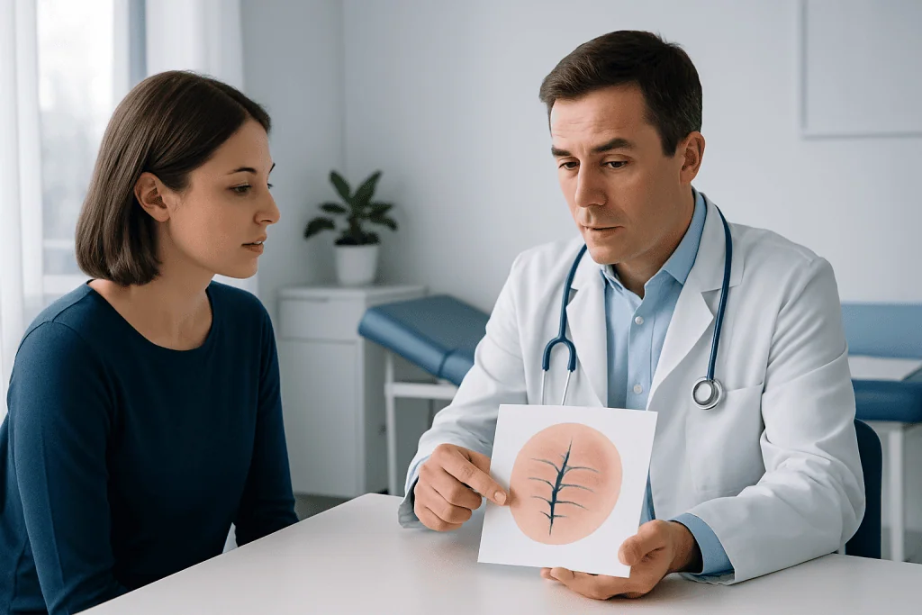 Doctor explaining wound sutures to a patient in a medical consultation room.