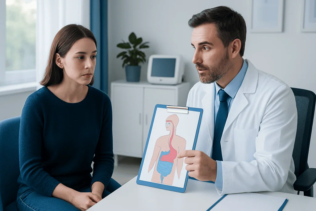 Doctor explaining digestive system diagram to patient in consultation room.