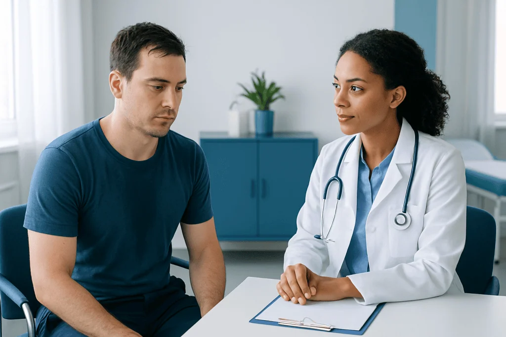Doctor consulting with a male patient in a medical office setting.
