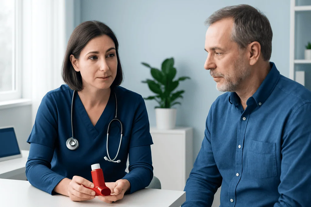 Doctor explaining inhaler use to patient in clinic setting.