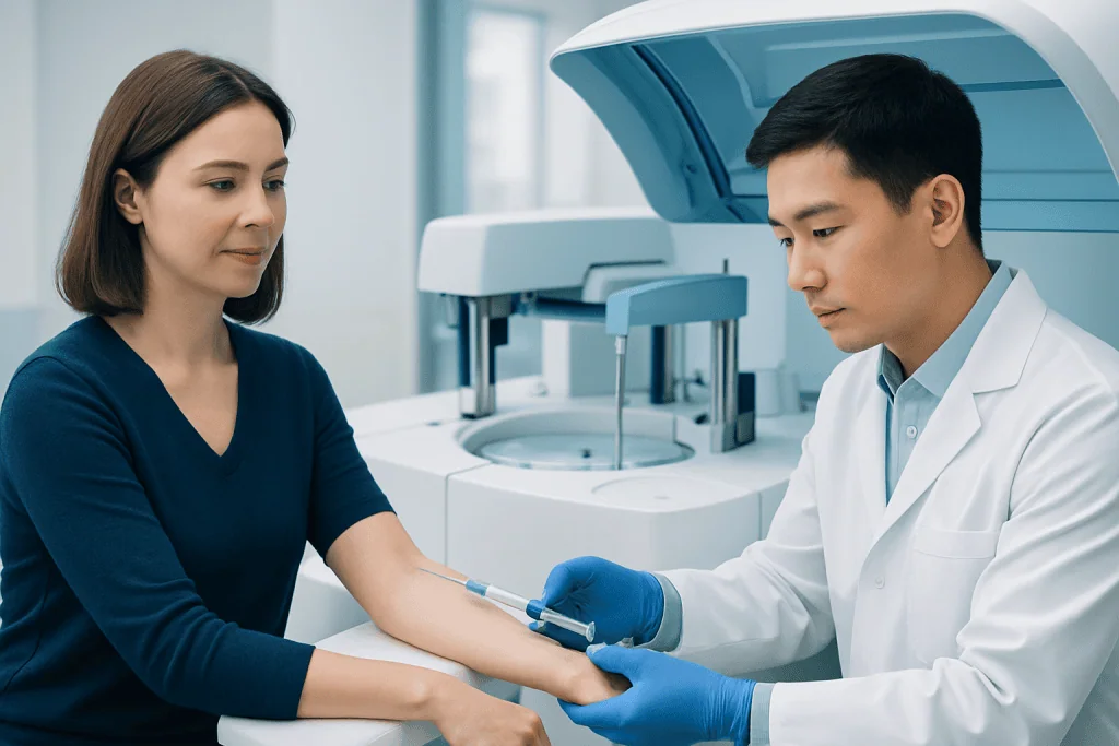 Medical professional drawing blood from a patient in a clinical setting.