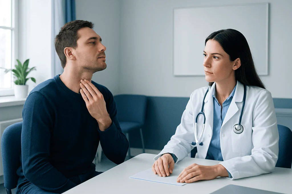 Doctor examining patient's neck for thyroid or Adam's apple issues.