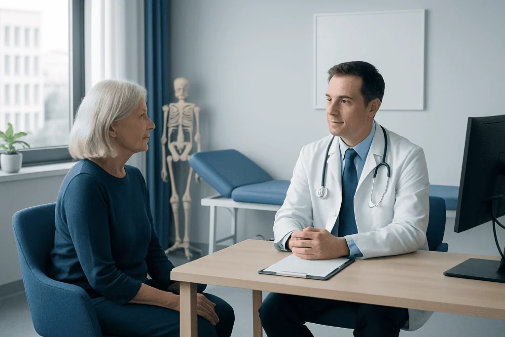 Doctor consulting with elderly female patient in a modern clinic.