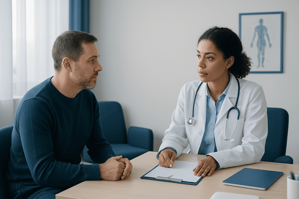 Doctor consulting with patient in a medical office setting.