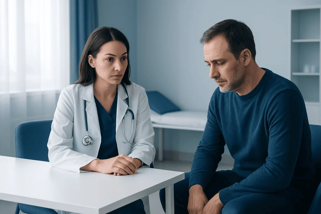 Doctor consulting with male patient in a medical office at Acibadem Hospitals Group.