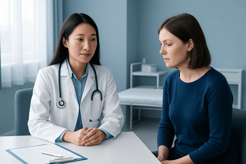 Doctor consulting with a female patient in a medical office.