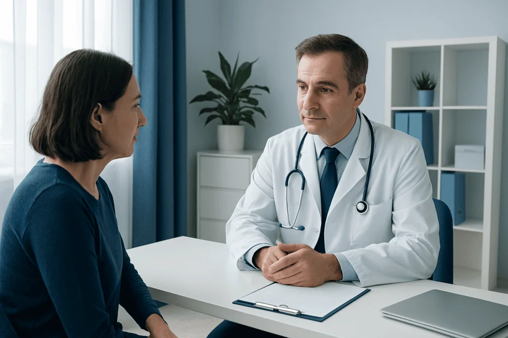 Doctor consulting a patient in a medical office setting.
