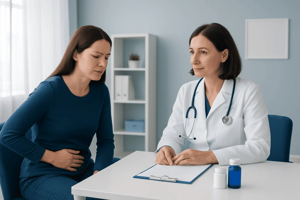 Doctor consulting with a patient about medication in a clinic setting.