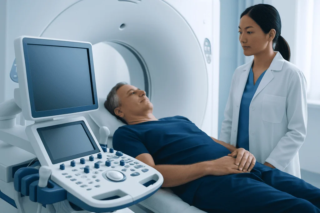 Medical professional prepares patient for MRI scan at Acibadem Hospital.
