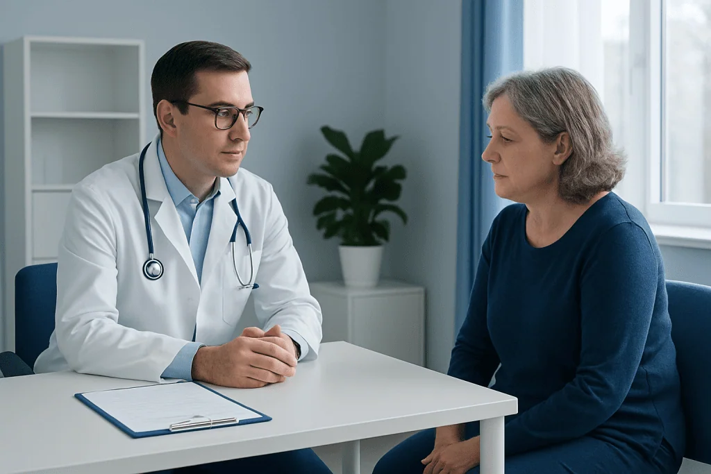 Doctor consulting with an older female patient in a medical office.