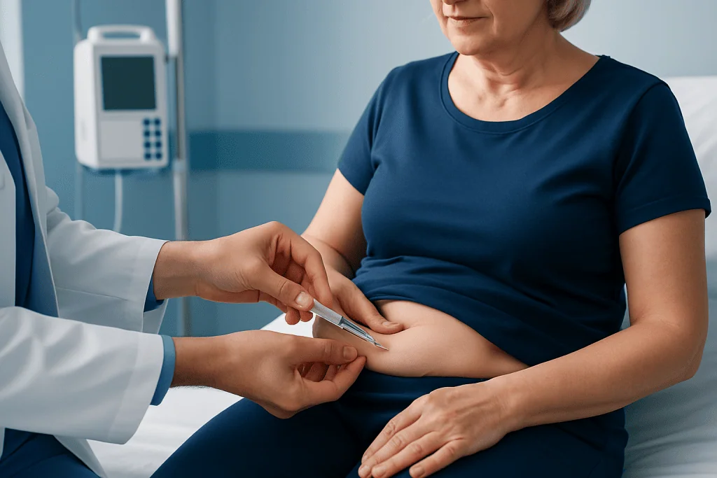 Healthcare professional administering a subcutaneous injection to a patient.