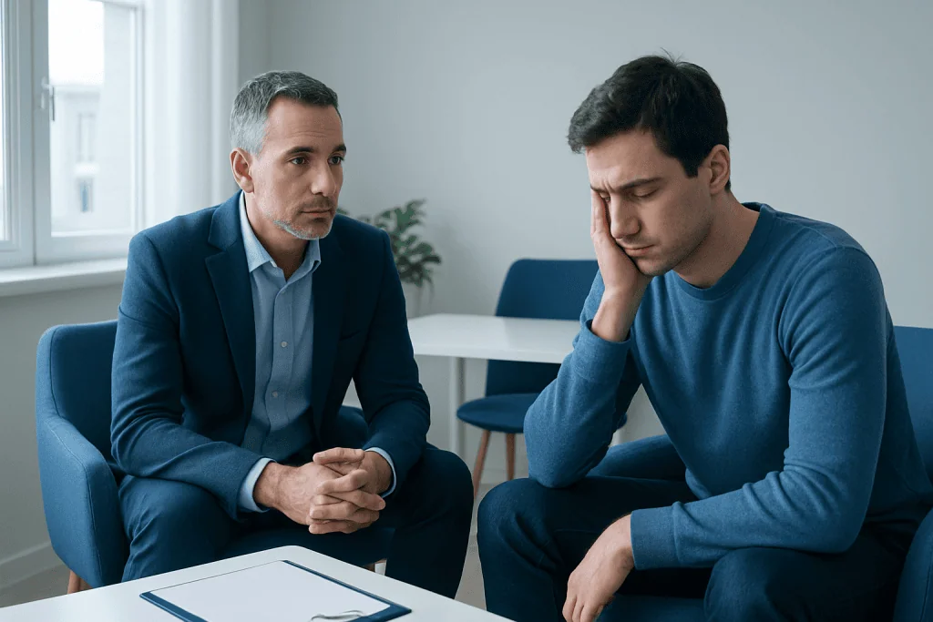 Doctor consulting with a young man about health concerns in a medical office.
