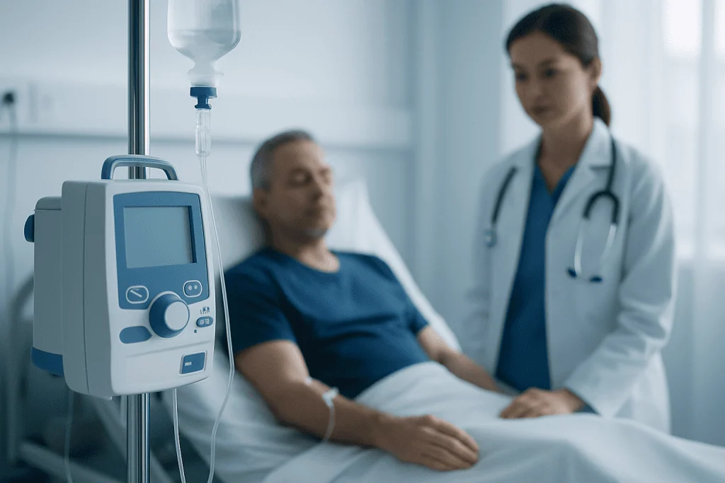 Patient in hospital bed with IV drip and medical staff attending.