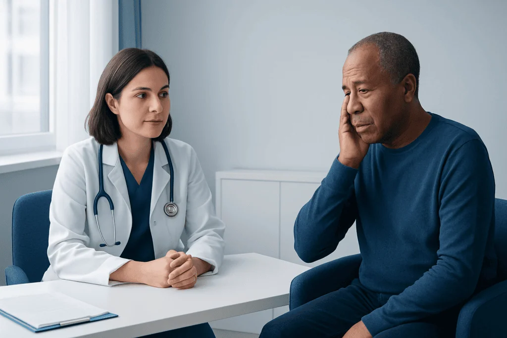 Doctor consulting with a patient about stroke symptoms in a medical office.