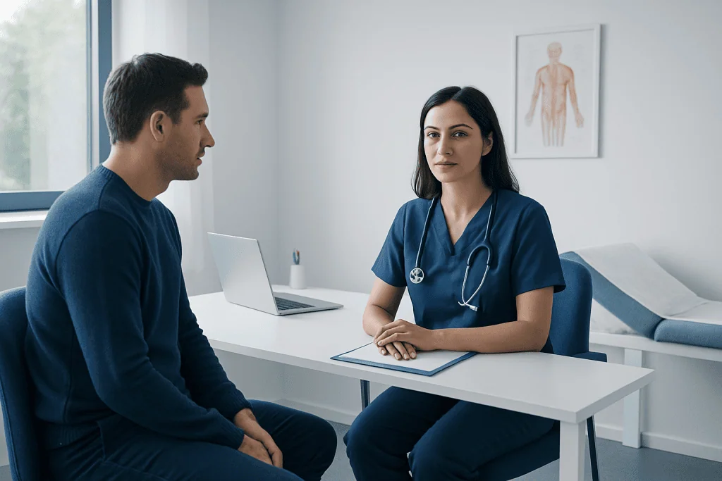 Doctor consulting with patient in a medical office setting.