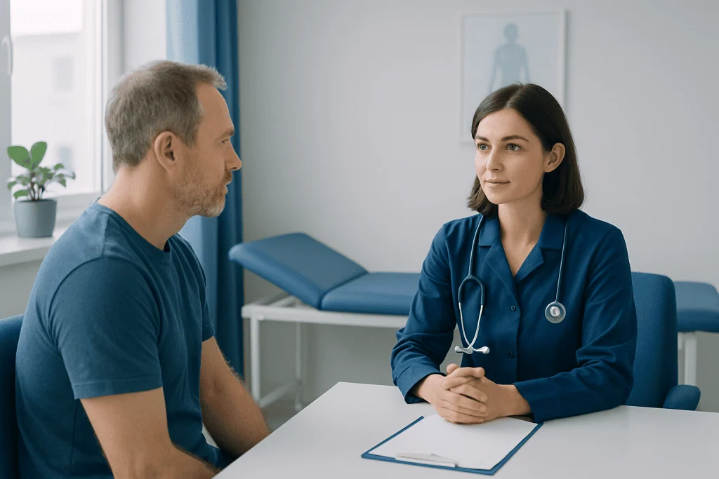 Doctor consulting with male patient in a medical office.