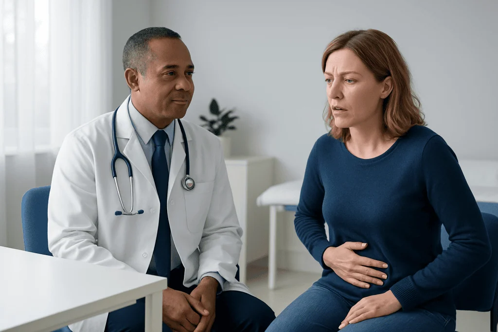 Doctor consulting with a woman patient about abdominal pain.
